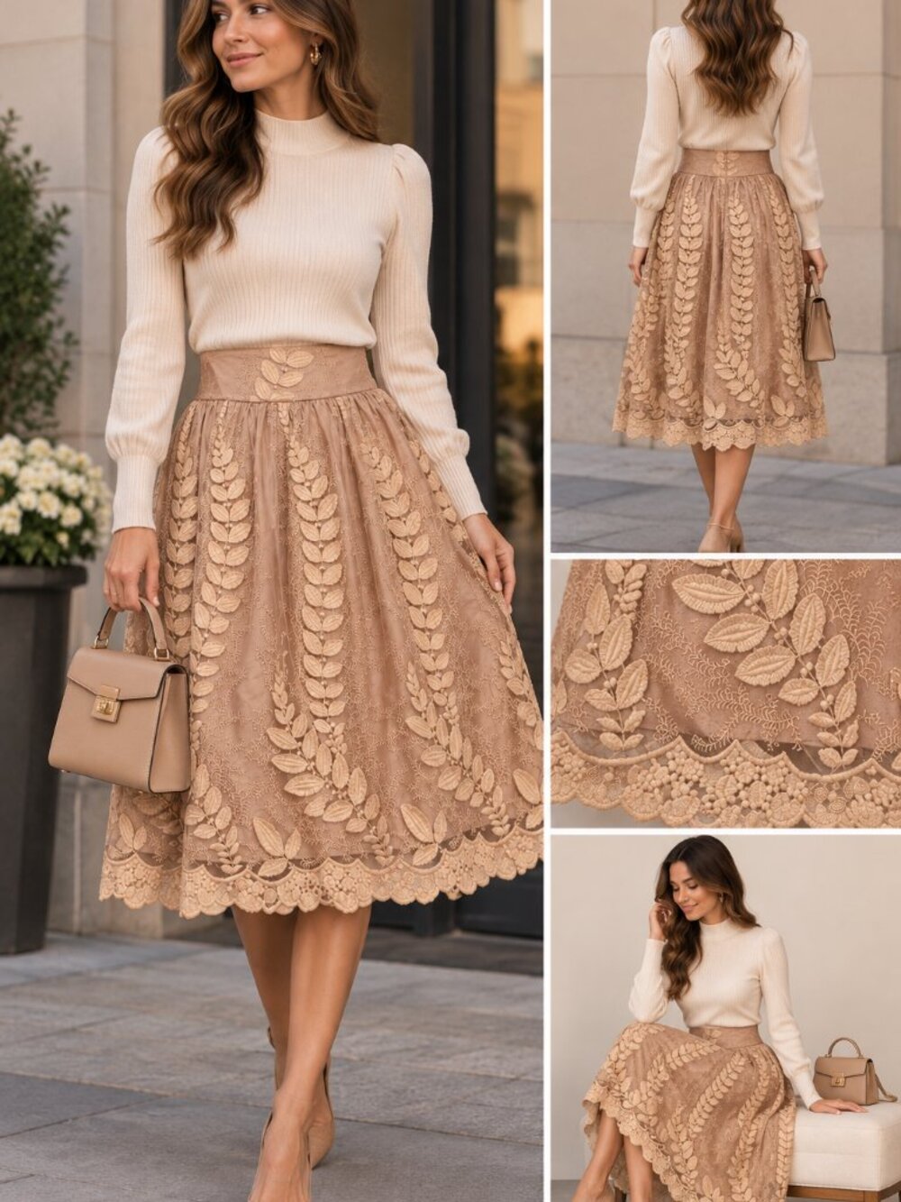 Eliza J Embroidered Tulle A-Line Skirt Nude Blush Floral Size 4